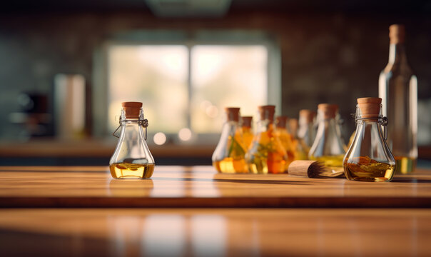 Glass Bottles With Oil On Wooden Table In Kitchen