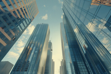 Toned image of modern office buildings and sky scrapers in central of the city realistic image - obrazy, fototapety, plakaty