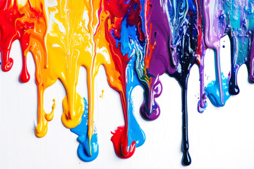 A colorful acrylic paint dripping down a white canvas in an abstract style.