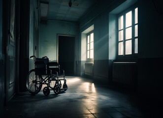 Wheelchair in the dark room of the hospital