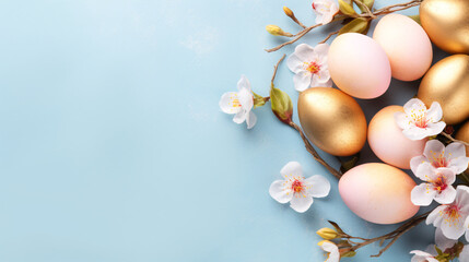 Naklejka na ściany i meble Easter background with golden and pink colored eggs and spring flowers, with copy space