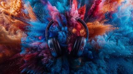 Surreal Audio Journey: Headphones Centered in Vibrant Colorful Explosion, Artistic Powder Smoke in...