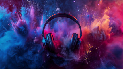 Surreal Audio Journey: Headphones Centered in Vibrant Colorful Explosion, Artistic Powder Smoke in Blue, Pink, Purple, Yellow, Red, Orange, Depicting Dynamic Movement and Energy, Symbolic Representati - obrazy, fototapety, plakaty
