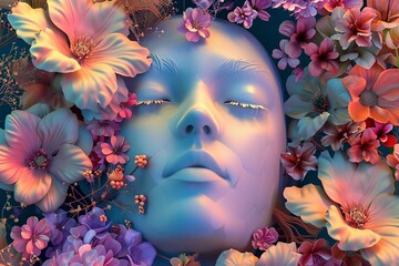 3D Portrait Beauty fantasy woman face with flowers. Art woman face flat lay in floral composition
