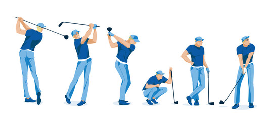 Fototapeta na wymiar golf sports man poses on white background. Sports lifestyle, hobbies and professional activities. Vector flat illustration