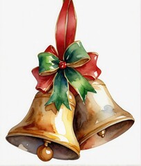 watercolor christmas bells with red ribbon isolated