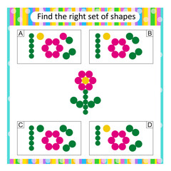 Logic puzzle for children. Find the correct set of cartoon flowers. Answer is B.