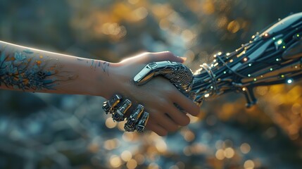 Handshake of digital hand and woman's hand, generative AI