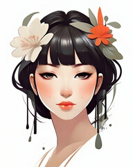 Fototapeta premium Cartoon Illustration of a Fictional Beautiful Woman's Face Adorned with florals and botanicals.