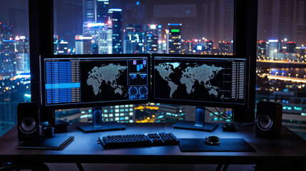Global Data Analysis and Network Monitoring Workspace: Dual Computer Monitor Display with Financial Charts, Graphs, and World Map Illuminated Points Indicating Locations- Evening Office Environment - obrazy, fototapety, plakaty