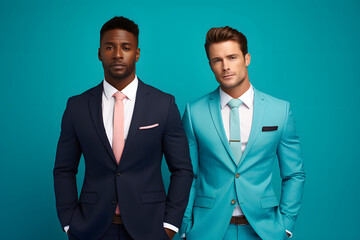 Two Stylish Models Radiate Confidence in Business Suits Against Serene Turquoise Background.