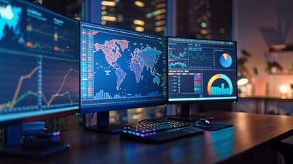 Global Data Analysis and Network Monitoring Workspace: Dual Computer Monitor Display with Financial Charts, Graphs, and World Map Illuminated Points Indicating Locations- Evening Office Environment