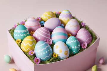 Fototapeta na wymiar Easter Eggs in a gift box Colorful Pastel Eggs. AI-generated art.