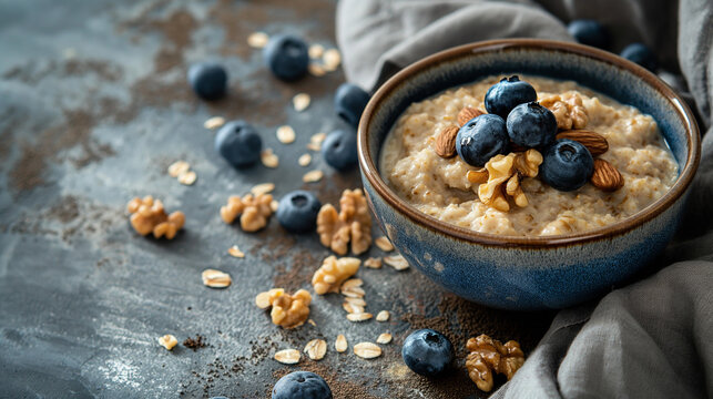 Blueberry and nut topped oatmeal on a rustic backdrop. Generative AI