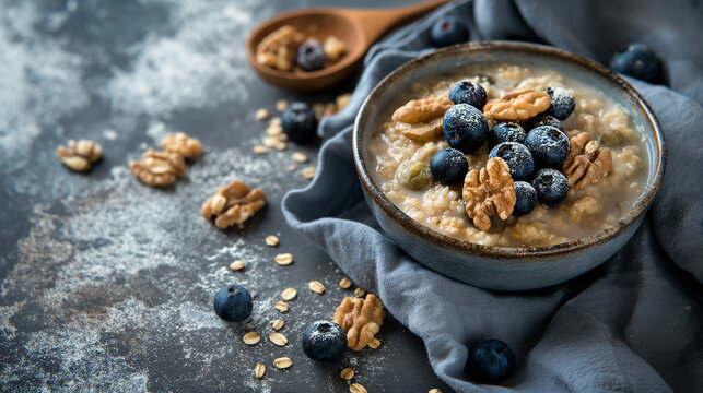 Blueberry and nut topped oatmeal on a rustic backdrop. Generative AI