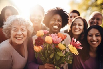 group of happy women of different nationalities with flowers. international Women's Day concept - obrazy, fototapety, plakaty