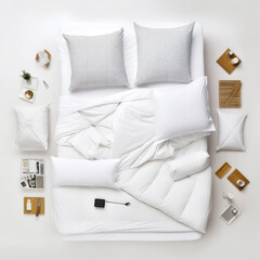 Top view of white bed with pillows and bed linen on white floor
