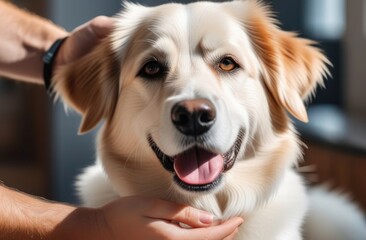 Owner or groomer petting dog after showering, cute wet dog, pets grooming and washing.