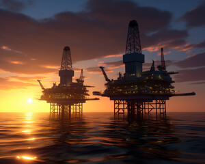 Oil production in the sea at sunset
