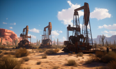 Oil rigs in the desert - obrazy, fototapety, plakaty