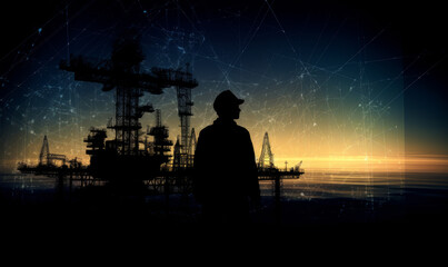 Silhouette of engineer standing on the background of the oil platform and night sky.