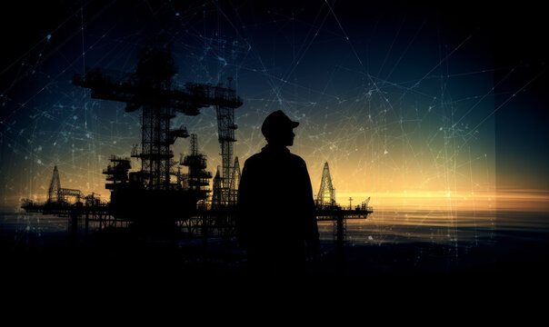 Silhouette of engineer standing on the background of the oil platform and night sky. © Vadim