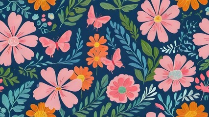  floral seamless pattern with different leaves and plants, butterfky seasonal colors on blue background 