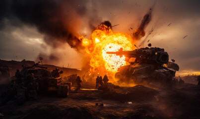 Military tanks attack the enemy. - obrazy, fototapety, plakaty