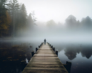 Person is standing at the end of long wooden dock on foggy lake in the fall.