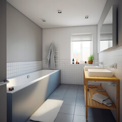 Fototapeta na wymiar Modern bathroom interior with white tub sink and mirror. 3d rendering mock up