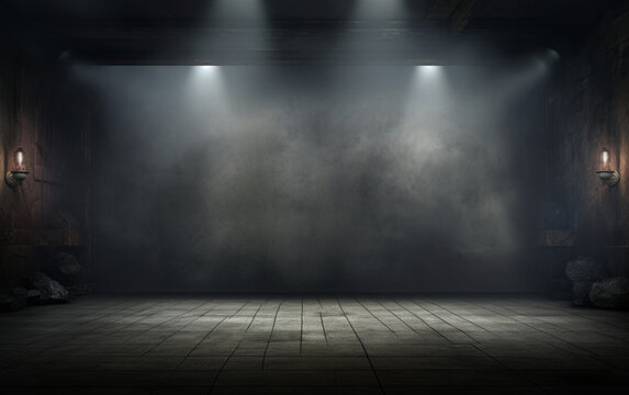 3d dark grunge display background with smoky atmosphere, Spotlights shining down into a grunge interior