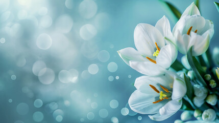 Close up of spring flowers on blured light blue background, Spring background for banner or card. Generative AI