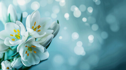 Close up of spring flowers on blured light blue background, Spring background for banner or card. Generative AI