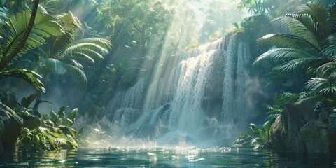 Enchanting waterfall in lush natural forest serene landscape where water cascades over rocks amidst...