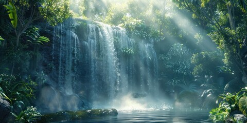 Enchanting waterfall in lush natural forest serene landscape where water cascades over rocks amidst...