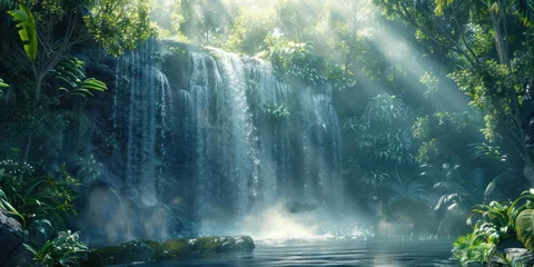 Foto op Aluminium Enchanting waterfall in lush natural forest serene landscape where water cascades over rocks amidst green foliage creating tranquil travel destination perfect for outdoor photography and environmental © Bussakon