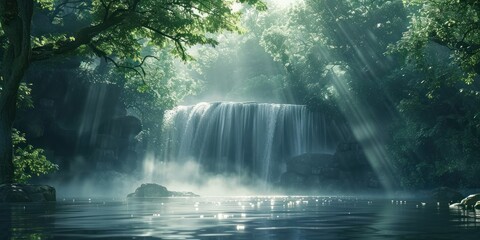 Enchanting waterfall in lush natural forest serene landscape where water cascades over rocks amidst green foliage creating tranquil travel destination perfect for outdoor photography and environmental - obrazy, fototapety, plakaty