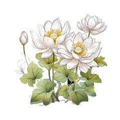 Watercolor painting of white lotus flower with green leaves isolated on white background. vector.