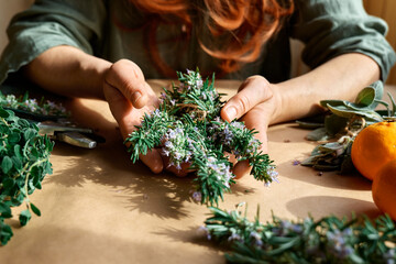 Herbal medicine. Woman's hands preparing blooming rosemary and others eco friendly medicinal herbs...