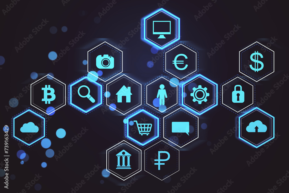 Aufkleber Abstract hexagonal pattern hologram with various business icons on dark background. Digital dashboard and data concept. 3D Rendering.