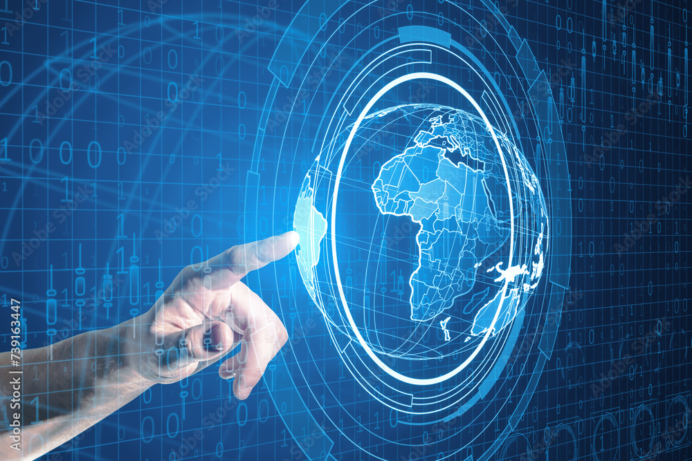 Poster close up of male hand using holographic screen with digital globe interface and business chart on bl