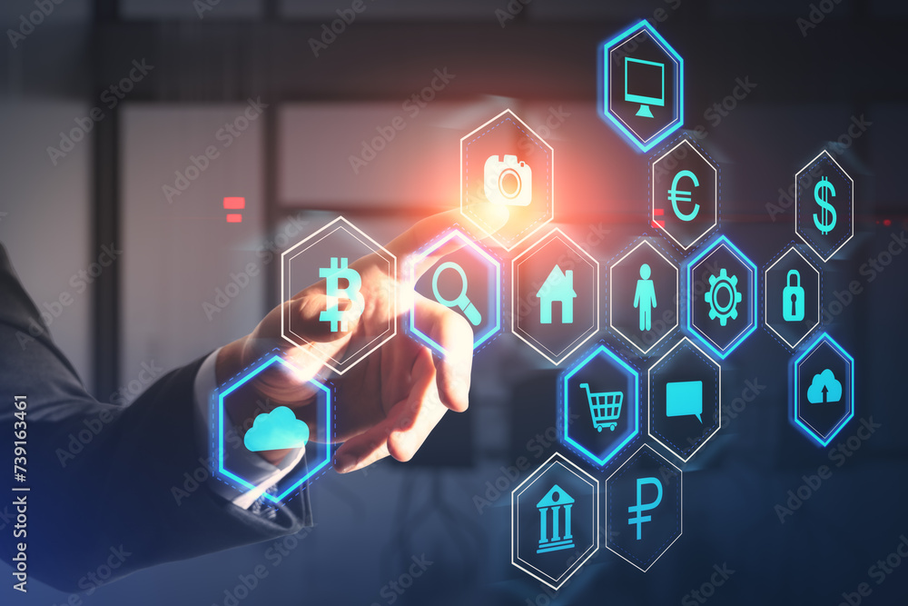 Aufkleber Close up of businessman hand pointing at abstract hexagonal pattern hologram with various business icons on blurry office interior background. Digital dashboard and data concept. Double exposure.