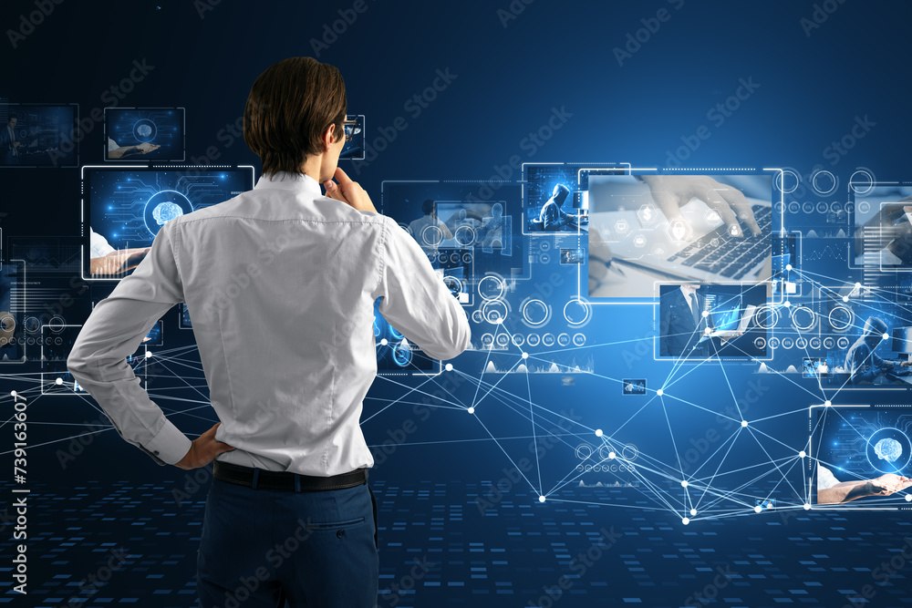 Poster Professional analyzing digital media strategy, video streaming and content optimization on a virtual platform