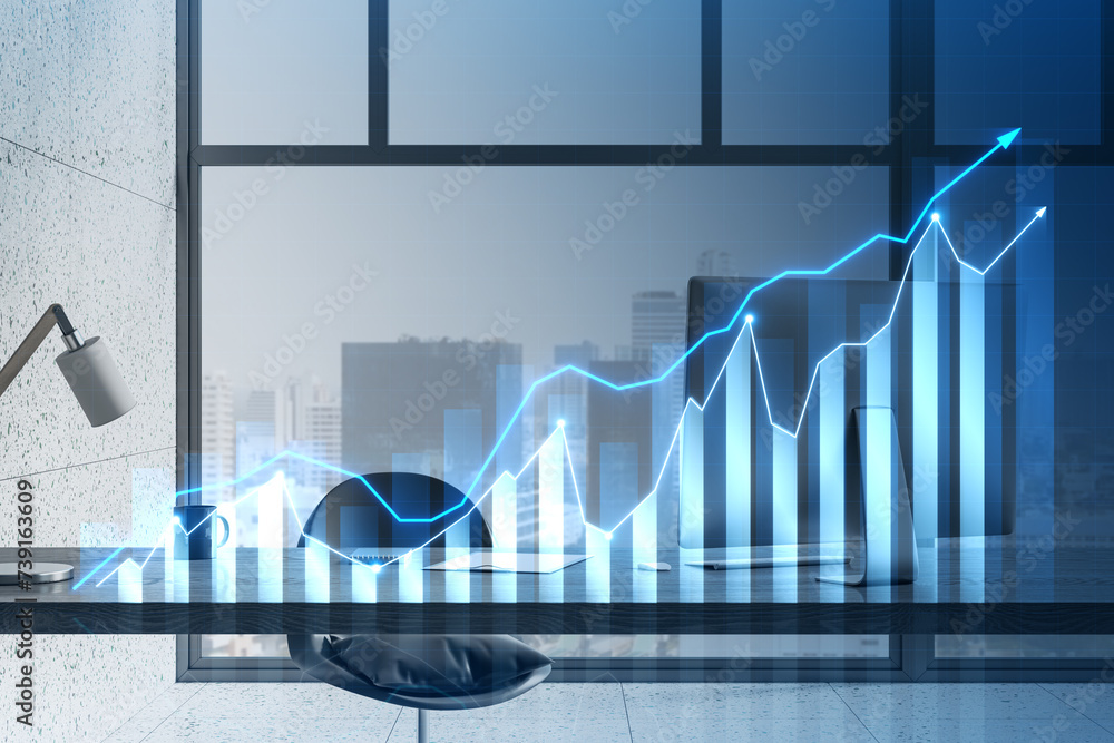 Poster close up of designer desktop with computer, glowing and growing business chart hologram on blurry bl