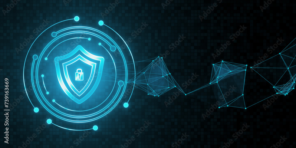 Poster creative round safety hologram with polygonal mesh on blurry wide black background. secure antivirus
