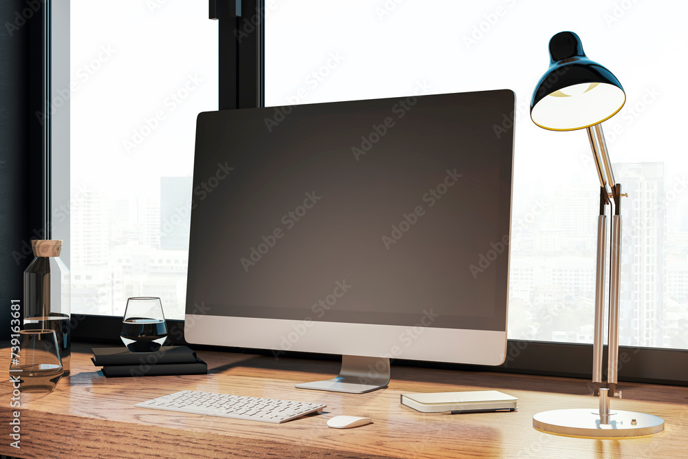 Poster Clean designer desktop with empty computer monitor, lamp, supplies and other items. Window with city view in the background. Mock up, 3D Rendering.