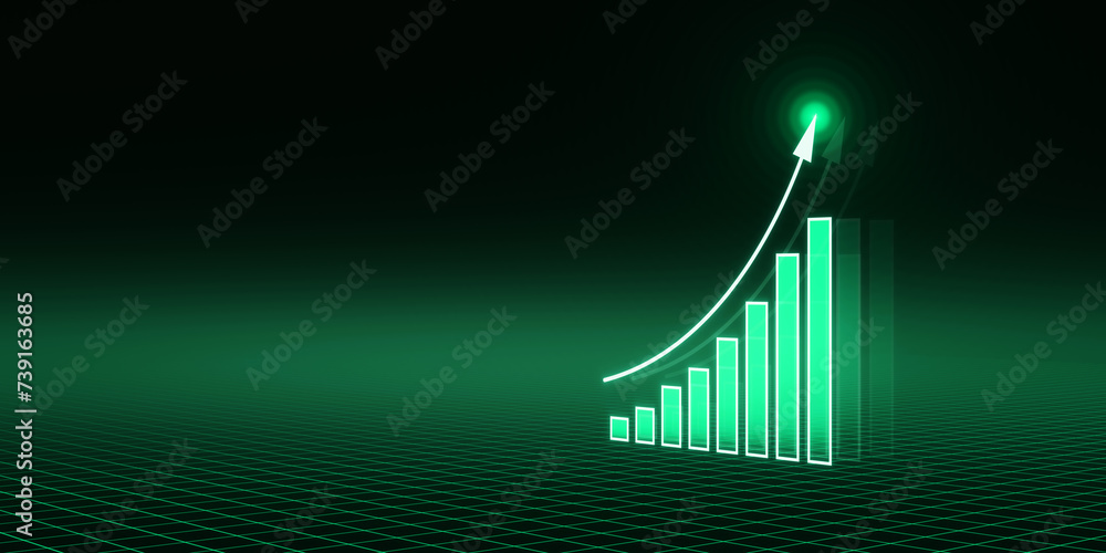 Poster abstract growing blue business chart with arrows on wide dark green background with mock up place. f