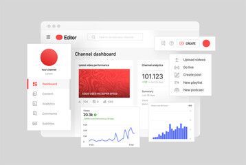 Control Panel for working on the Channel. Channel Dashboard. Vector illustration. Online video editing program