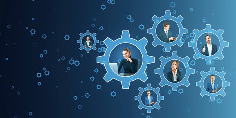 Creative cogwheels with happy european businesspeople inside on blue background. Teamwork and...