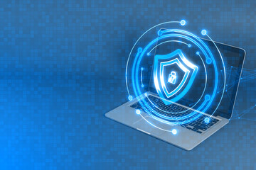 Close up of laptop with creative round safety hologram with polygonal mesh on blurry wide black background. Secure antivirus, digital protection app concept. 3D Rendering.